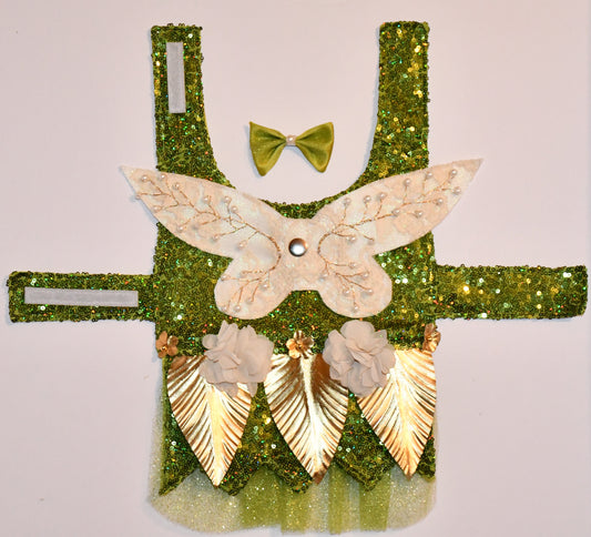 Forest Green Mesh Sequin Fabric.
Snap on custom Fairy Embossed Wings made from a mermaid effect  fabric topped with creme colored detailed lace. Metal branch details with pearls.
Gold leaves and gold flower details.
Fully lined with Lime Green satin fabric.
Velcro added to neck and abdomen for comfort. Green Glitter Tulle Skirt.
Matching lime fabric and green glitter tulle hair bow with a pearl in center and white satin ribbon. Hair bow measures 3 inches wide and 2 inches tall. Head Designer Mister Fashion 