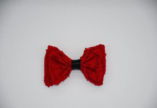 Ruby Lace Dog and Cat Hair Bow.
All items are Limited Quantity. Made of a ruby colored lace with minor 3d details. Double bow design and black satin ribbon. Hair bow measures 3 inches wide and 2 inches tall.